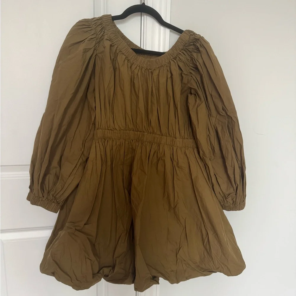 ULLA JOHNSON Martine Bubble Minidress 
Off-Shoulder Olive Green Dress - Picture 3 of 6
